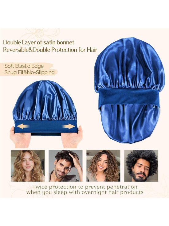 〽️Women Royal Blue Silk Bonnet Sleeping Double Layer Satin Natural Curly Hair main image 4
